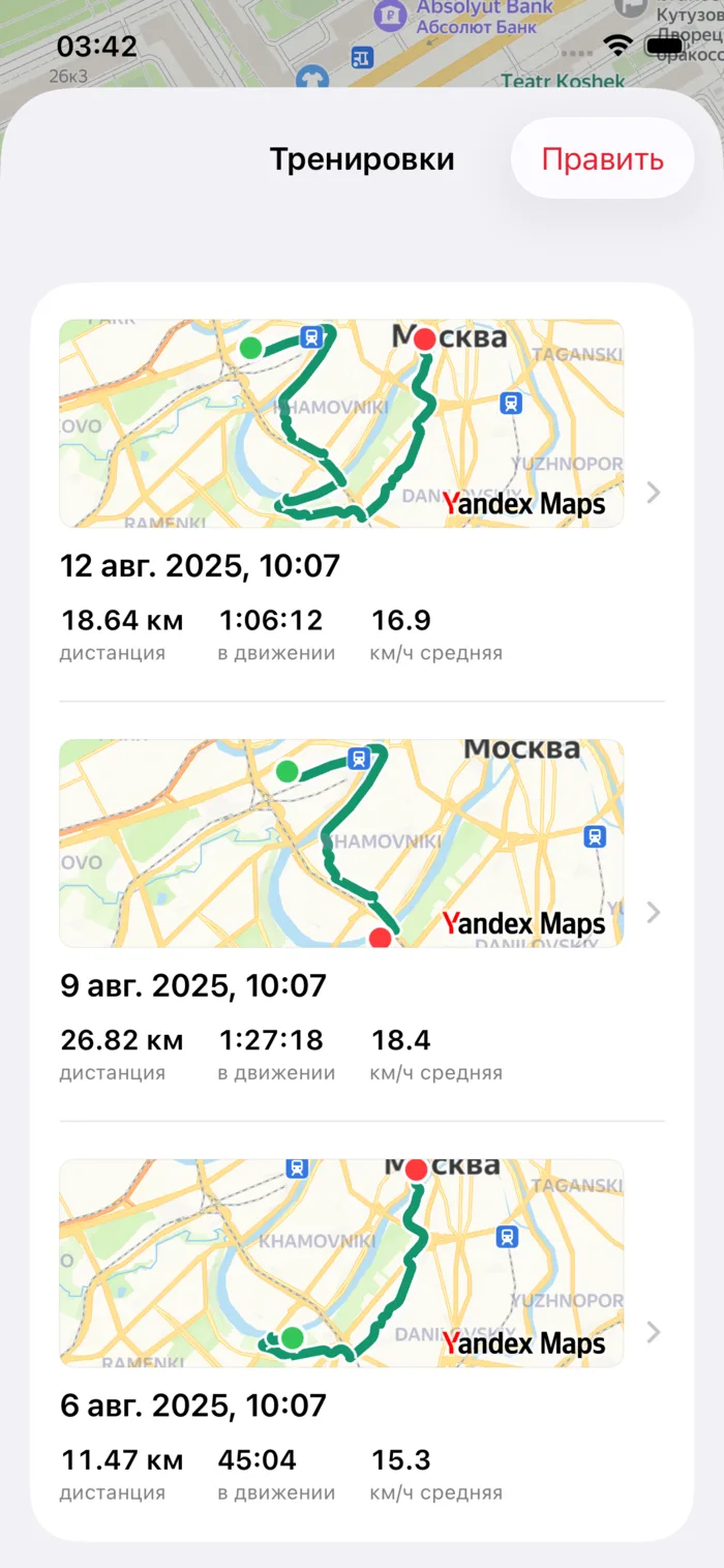 История сохранённых тренировок в Велосити